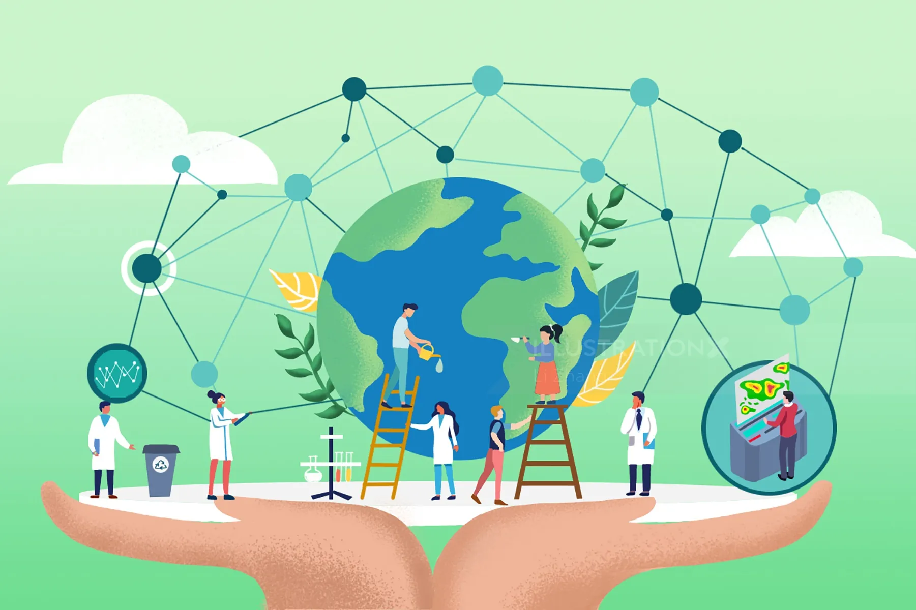 Scientists working together with Earth and environmental symbols