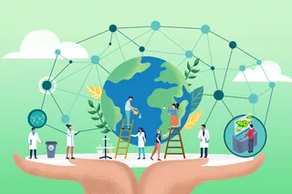 Scientists working together with Earth and environmental symbols