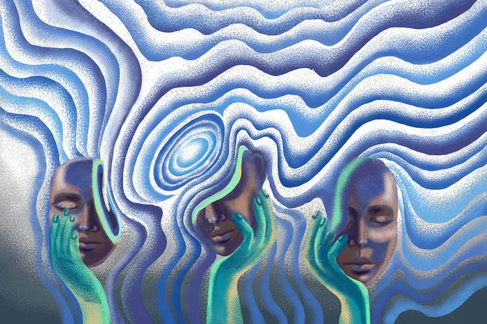 Three surreal faces blending into flowing blue and white wave patterns