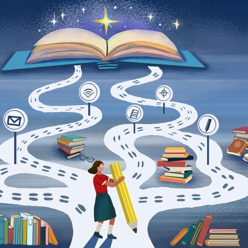 Person walking with pencil among books and knowledge icons.