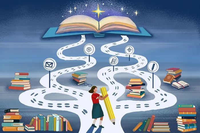 Person walking with pencil among books and knowledge icons.