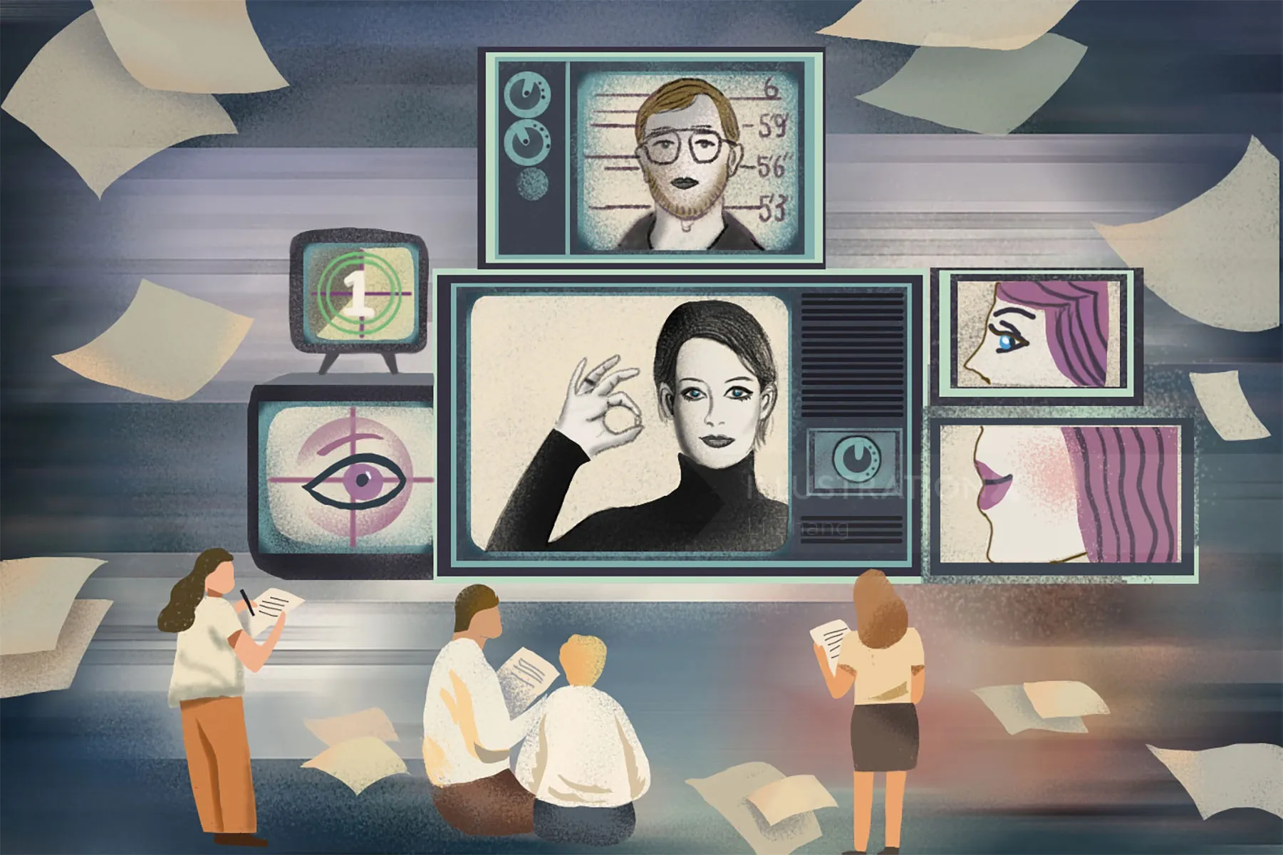 Group observing facial recognition and eye scan images on screens.