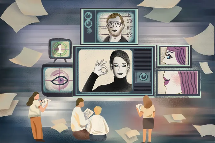 Group observing facial recognition and eye scan images on screens.
