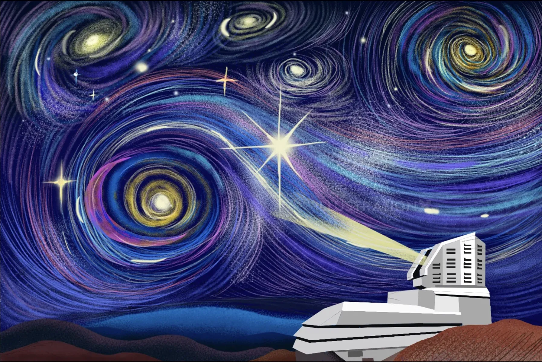Modern telescope pointed at colorful swirling galaxy in starry sky