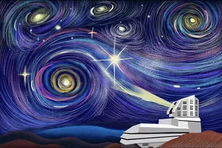 Modern telescope pointed at colorful swirling galaxy in starry sky