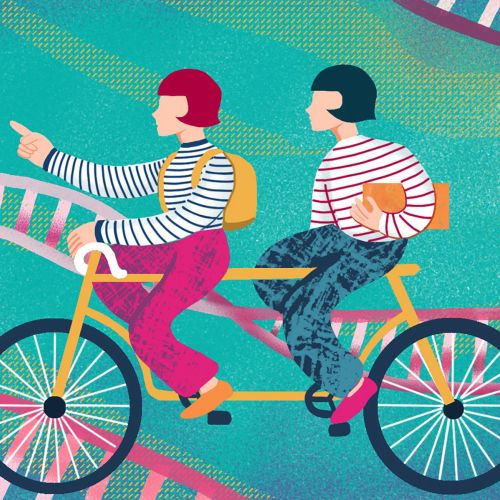 Illustration of two people on a tandem bike with DNA strands behind