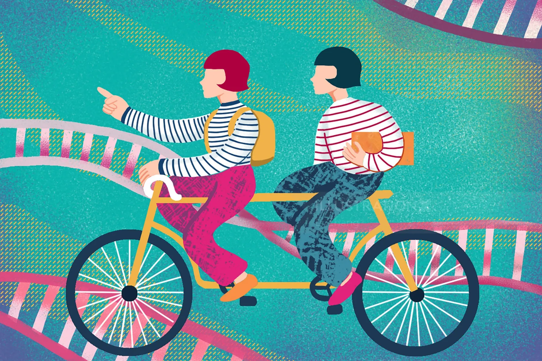 Illustration of two people on a tandem bike with DNA strands behind