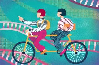 Illustration of two people on a tandem bike with DNA strands behind