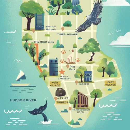 Illustrated map of Manhattan with landmarks and nature scenes