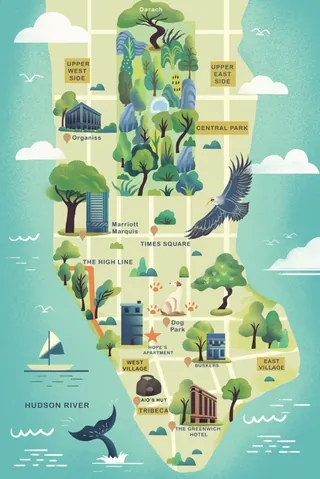 Illustrated map of Manhattan with landmarks and nature scenes