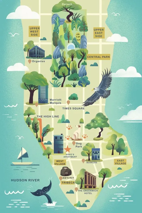 Illustrated map of Manhattan with landmarks and nature scenes