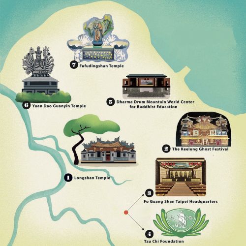 Illustrated map of Taipei showing famous Buddhist temples and landmarks