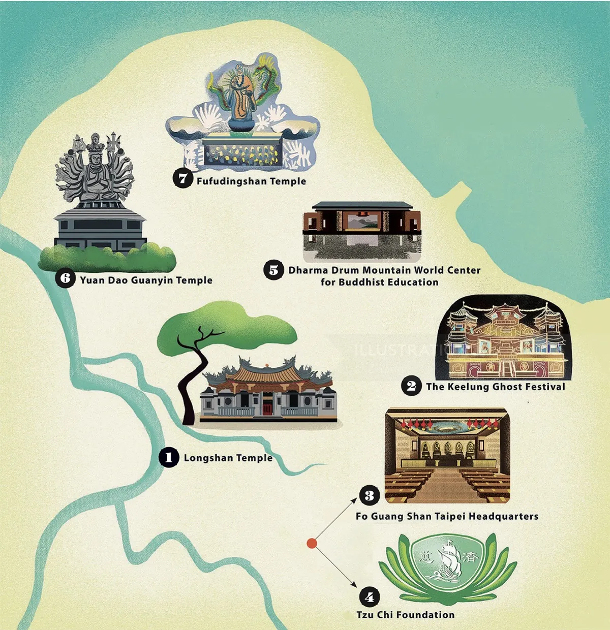 Illustrated map of Taipei showing famous Buddhist temples and landmarks