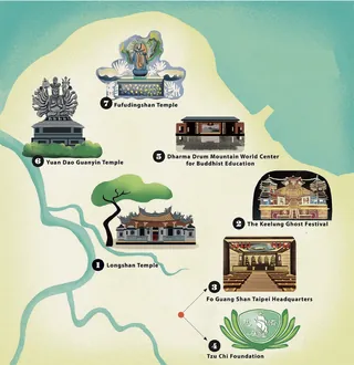 Illustrated map of Taipei showing famous Buddhist temples and landmarks