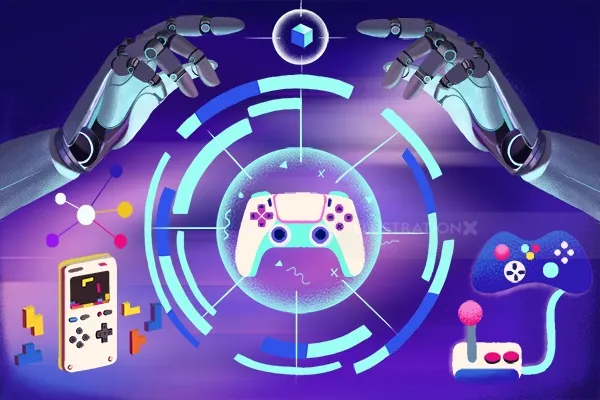 Robotic hands with retro and modern game controllers by Li Zhang