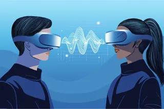 Two individuals with VR headsets and digital sound wave between them.