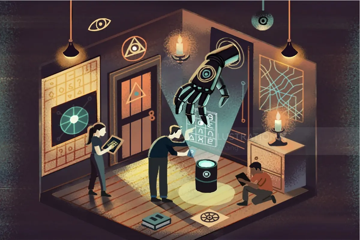 Person interacts with holographic robotic hand in mysterious room by Li Zhang