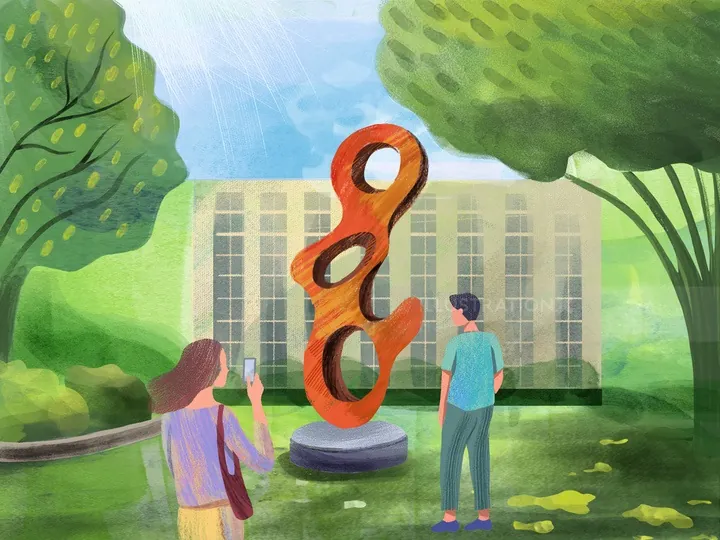 Two people looking at an orange abstract sculpture in a park by Li Zhang