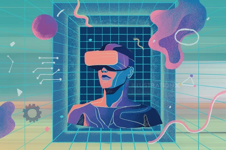 Person wearing a virtual reality headset surrounded by abstract shapes by Li Zhang