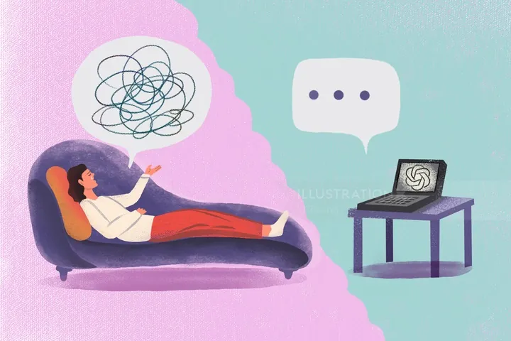 Person lying on couch talking to AI chatbot on laptop by Li Zhang