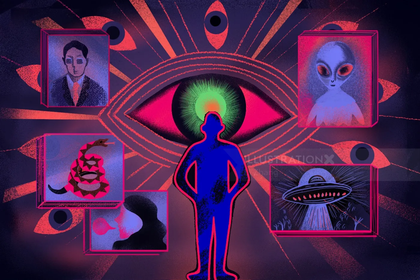 Glowing silhouette in front of a large eye with framed surreal images by Li Zhang