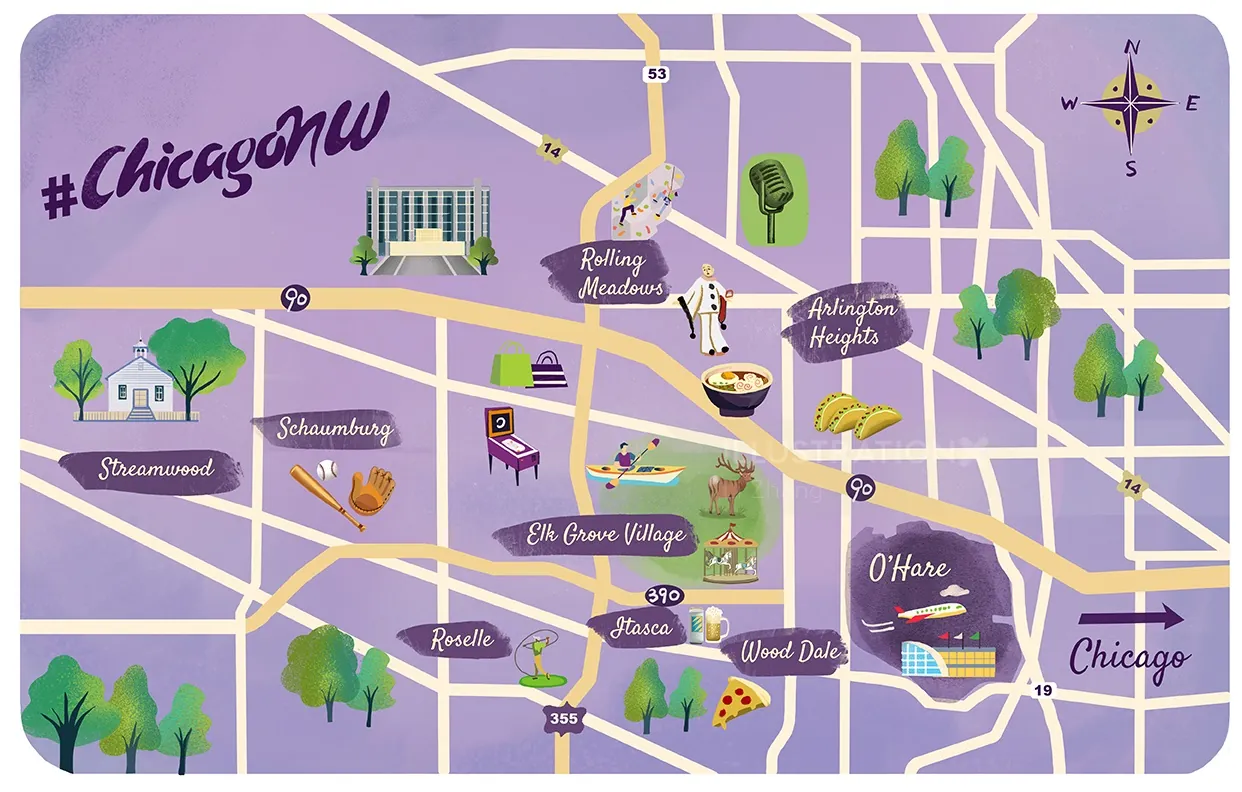 Illustrated map of northwest Chicago neighborhoods by Li Zhang