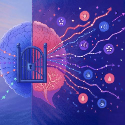 Li Zhang illustration of a caged brain surrounded by colorful digital networks