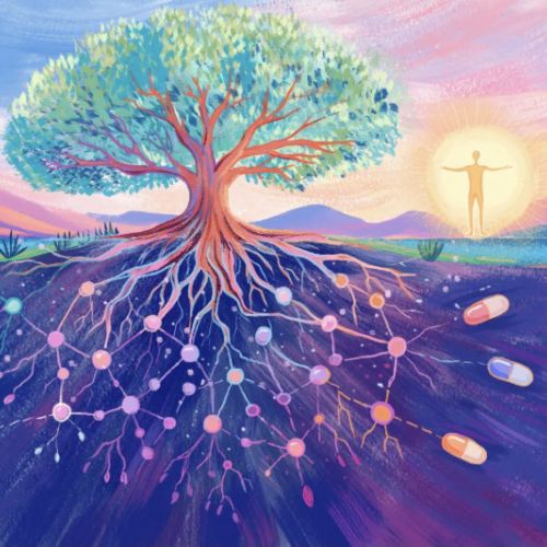 Li Zhang artwork showing a glowing-rooted tree, mountains, water, and radiant pastel sky.