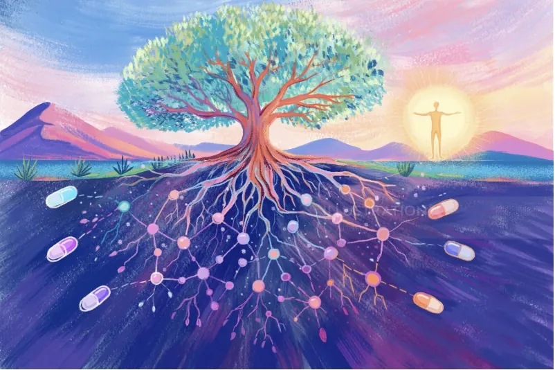 Li Zhang artwork showing a glowing-rooted tree, mountains, water, and radiant pastel sky.