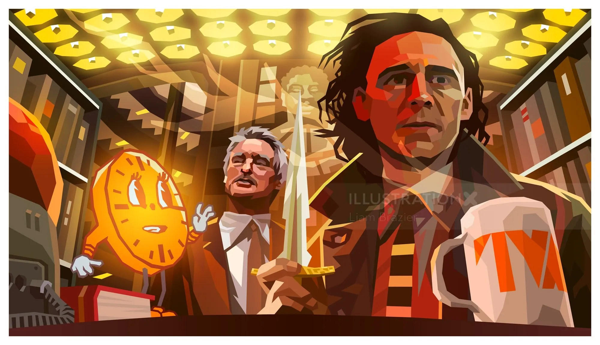 Loki holding a sword near an animated clock and coffee mug by Liam Brazier