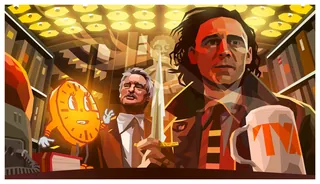 Loki holding a sword near an animated clock and coffee mug by Liam Brazier