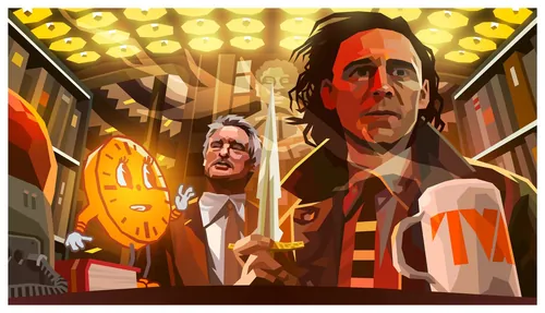 Loki hält ein Schwert neben einer animierten Uhr und einer Kaffeetasse (von Liam Brazier).