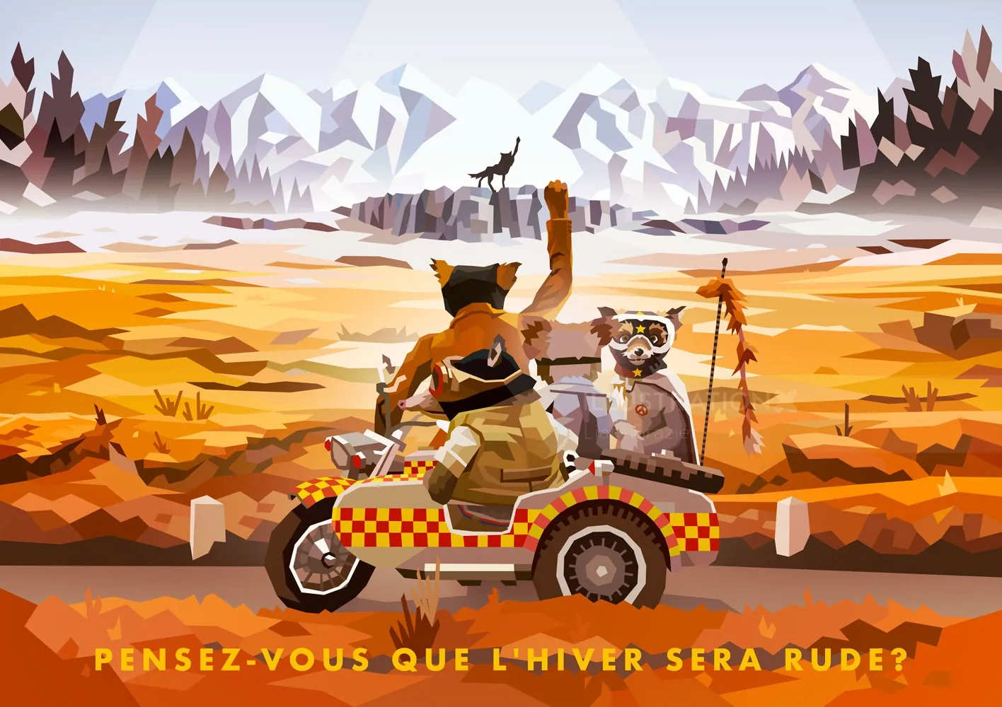 Raposa animada dirigindo um carro colorido em uma paisagem de outono