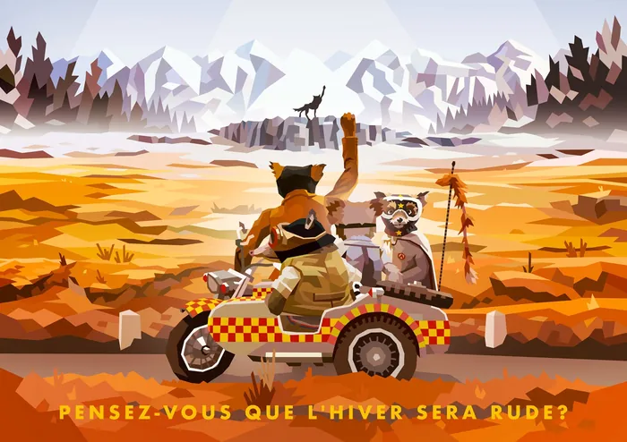 Animated fox driving a colorful car in an autumn landscape