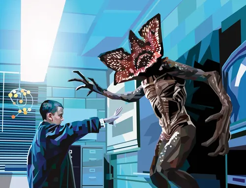 Stranger Things Elf setzt ihre Kräfte gegen das Demogorgon-Monster ein (von Liam Brazier)