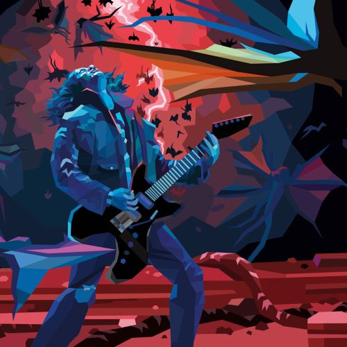Rock guitarist playing electric guitar with bats flying, by Liam Brazier