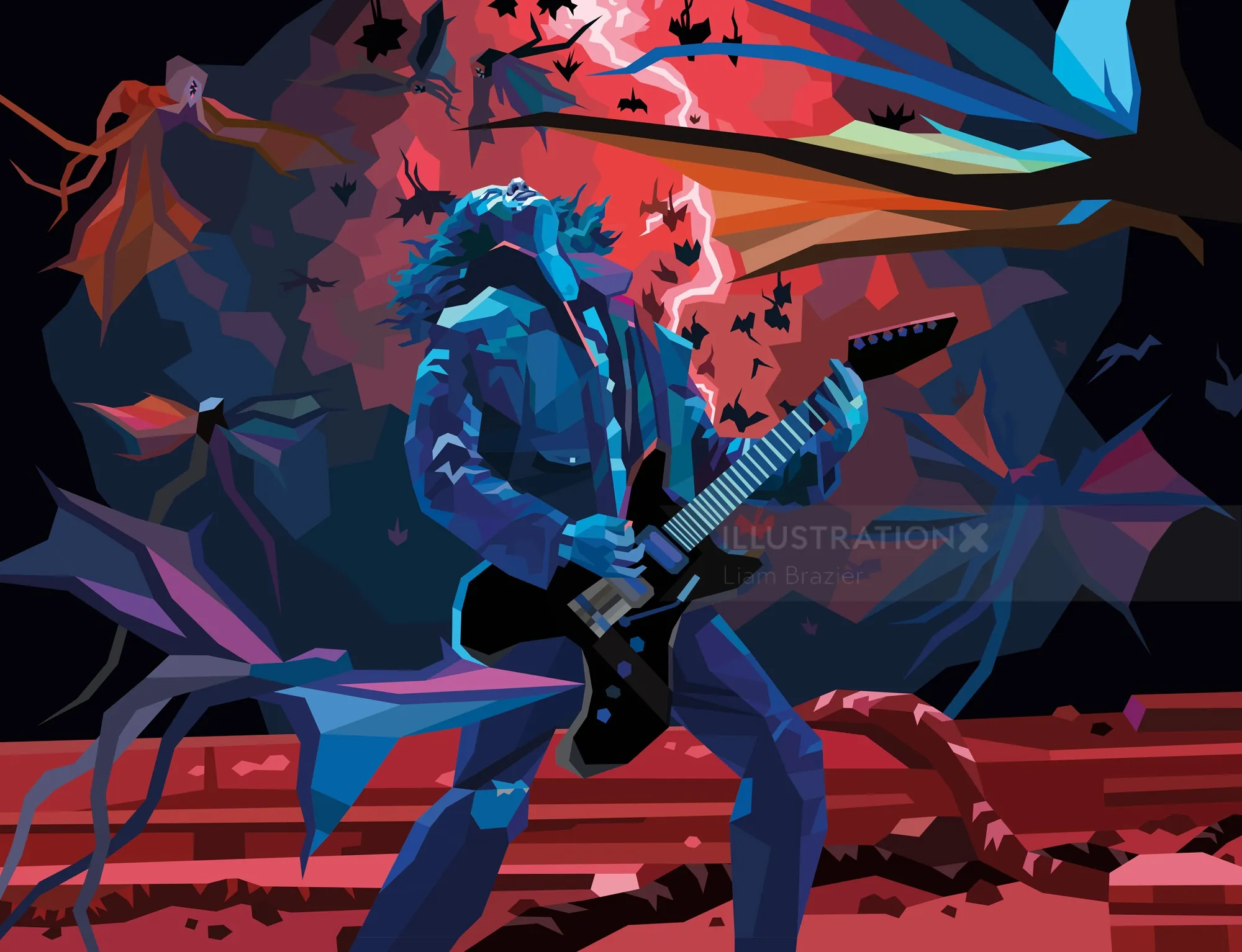 Guitarrista de rock tocando guitarra elétrica com morcegos voando, por Liam Brazier