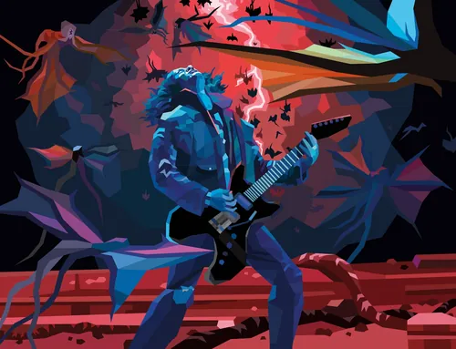 Rockgitarrist spielt E-Gitarre, während Fledermäuse umherfliegen, von Liam Brazier