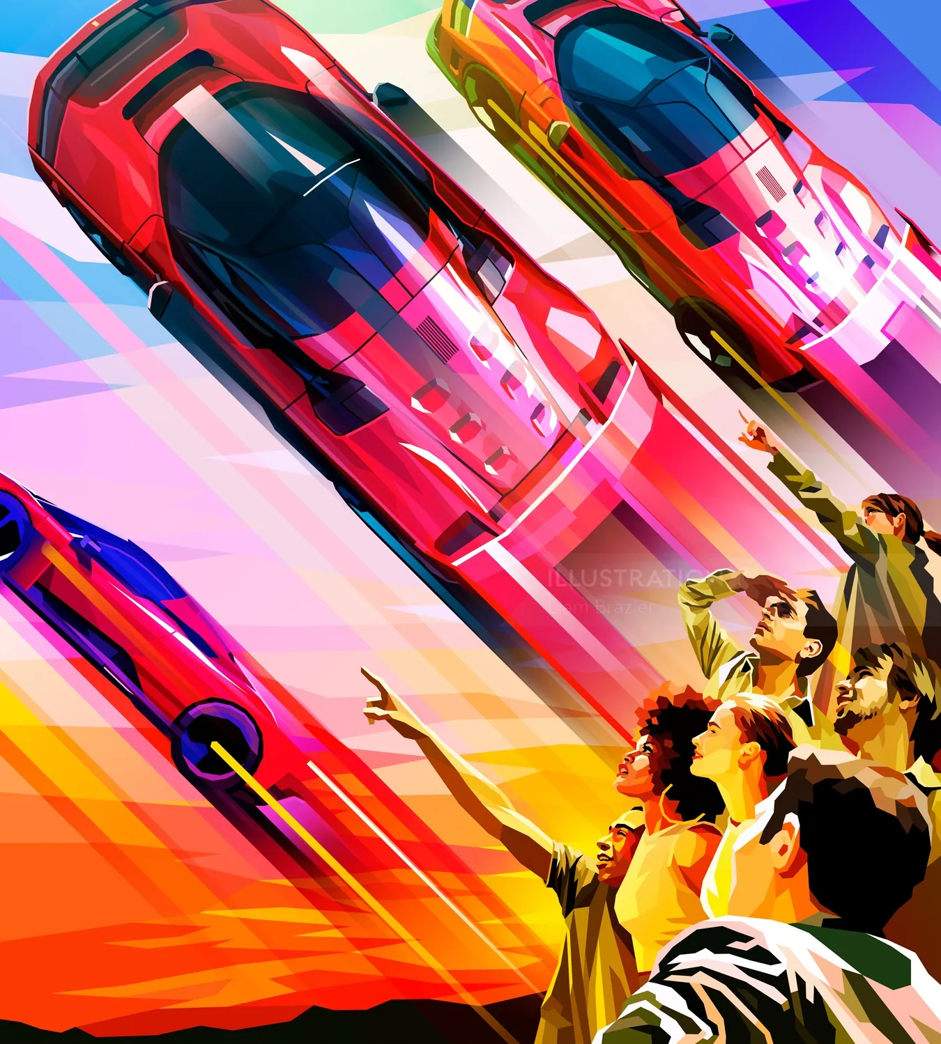 Vibrant illustration of Ferrari cars and excited crowd by Liam Brazier