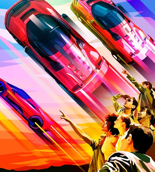 Lebendige Illustration von Ferrari-Fahrzeugen und einer begeisterten Menschenmenge von Liam Brazier
