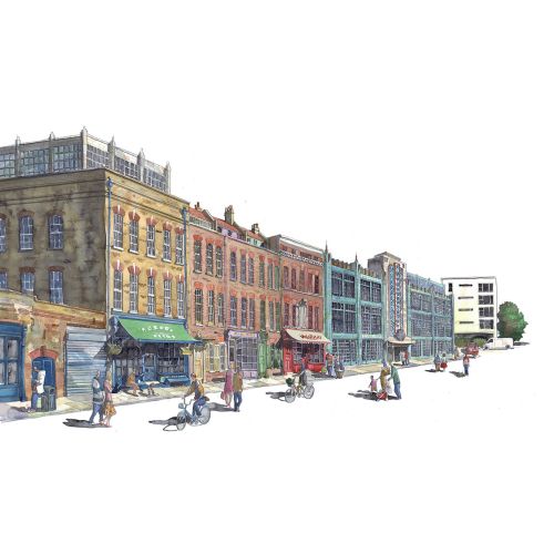 Architecture, cityscape, street, London, watercolour