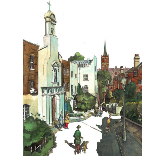 Painting of a street and church in Hampstead London