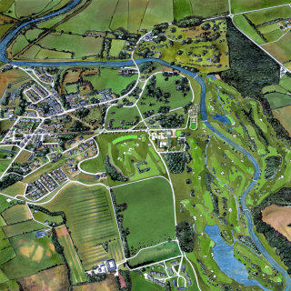 Pintura de una vista aérea del campo y del pueblo de Irlanda.