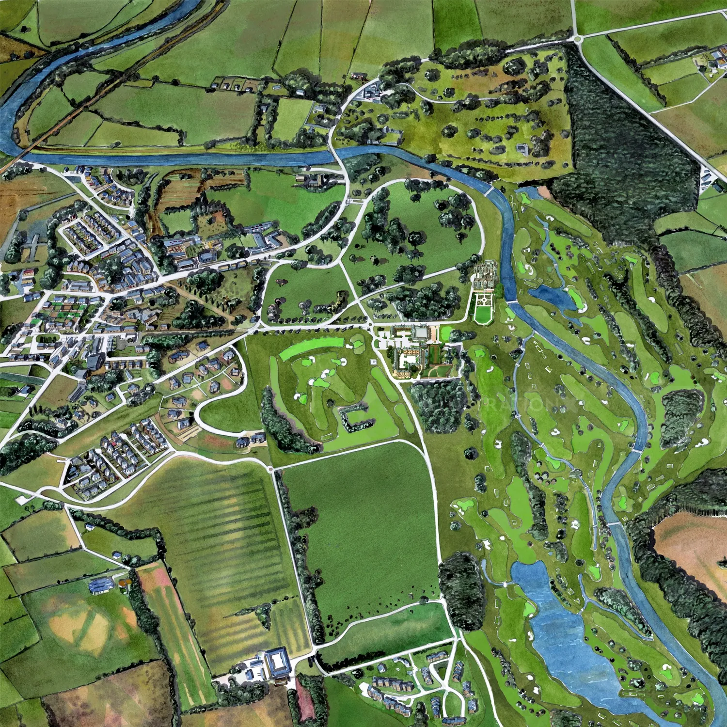 Painting of an aerial view of the countryside and village in Ireland