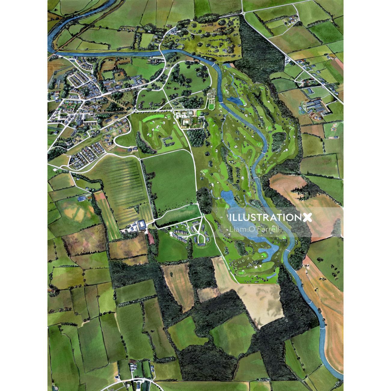 Painting of an aerial view of the countryside in Ireland and golf course