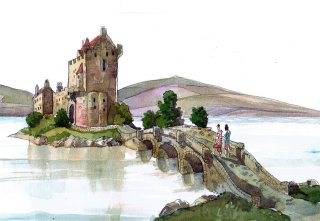Pintura em aquarela do Castelo Eilean Donan