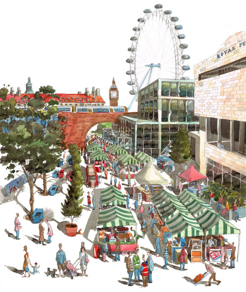 Le London Eye et le marché de rue au premier plan