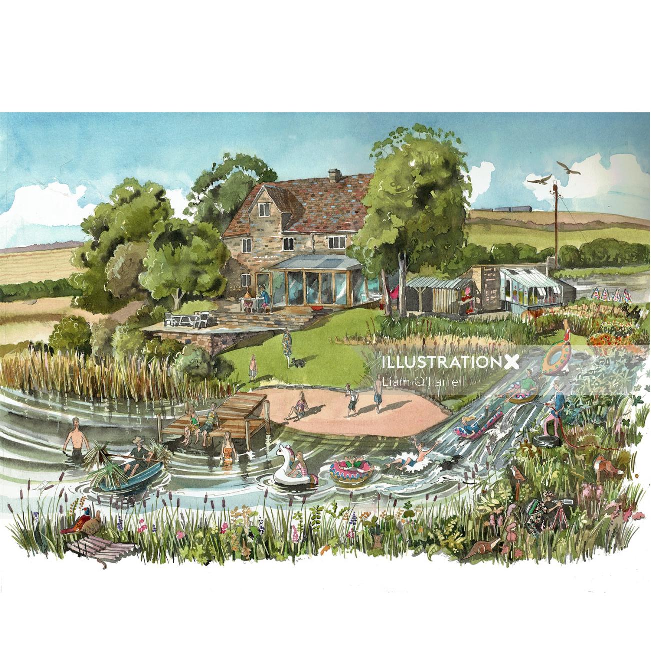 Illustration of a rural home with a lake
