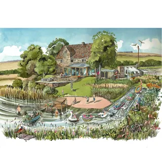 Illustration of a rural home with a lake