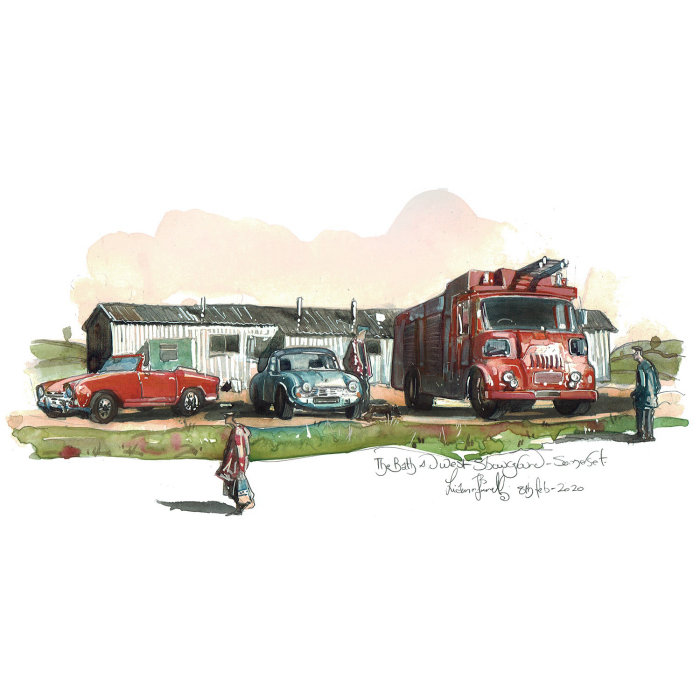 复古汽车和消防车绘画